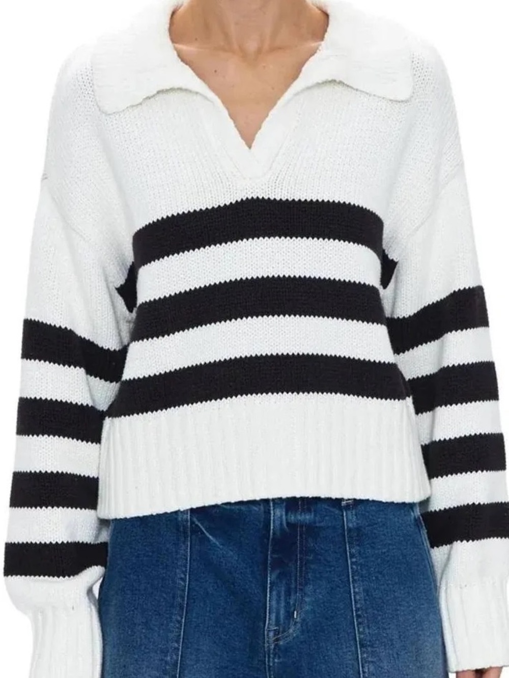 Splendid White & Black Striped Collared V-Neck Sweater